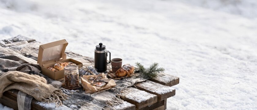 Cozy Winter Picnic Outdoors Featuring Hot Drinks Fresh Pastry and Holiday Snacks in Fresh Snow.
