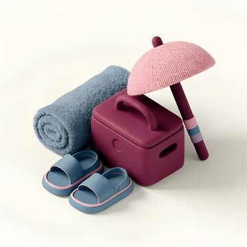 Blue beach sandals towel cooler and pink umbrella in 3d isometric render style