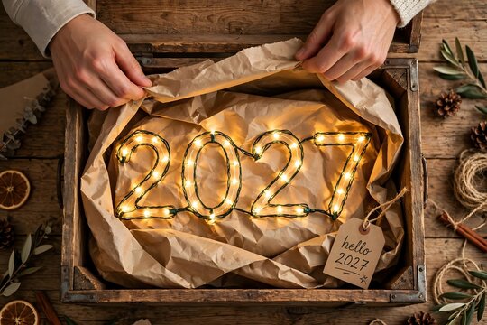 Happy New Year 2027 rustic crate unboxing with glowing 2027 string lights