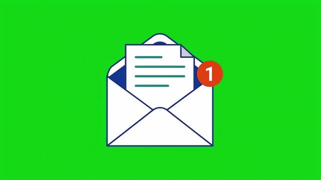 Envelope Opening and Message Emerging, Orange Badge Showing One New Message on Green Screen Background