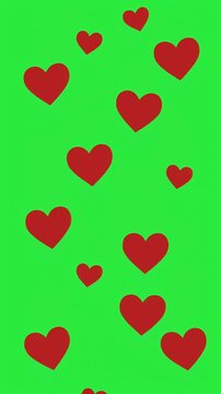 Red Hearts Falling from Top to Bottom on Green Screen Background