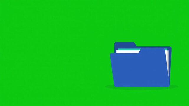Blue File Folder Organizing White Documents on a Green Screen Background