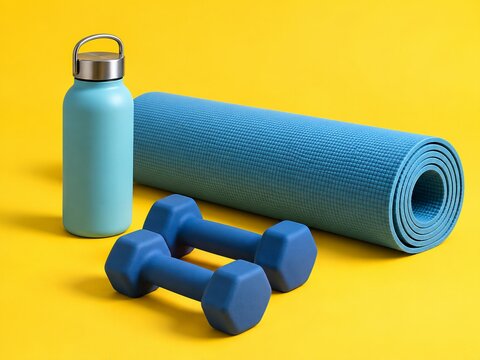 fitness equipment with blue yoga mat, dumbbells, and water bottle on yellow background. healthy lifestyle, home workout concept. poster, flyer with copyspace.