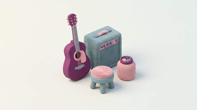 3D plush robot sitting on stool playing a maroon guitar beside a candy jar