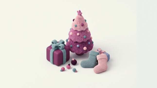 3D knit gift set featuring socks, tree, and bow for holiday decor or packaging design.