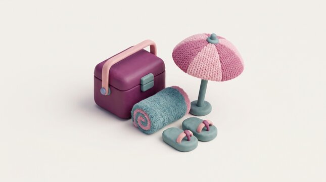 Blue beach sandals towel cooler and pink umbrella in 3d isometric render style