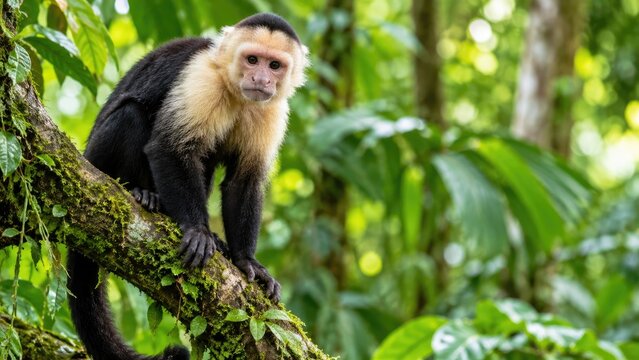 White-faced capuchin monkey perched on a mossy branch in a lush tropical rainforest, looking toward camera with curious expression