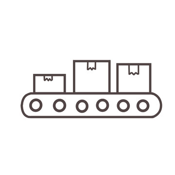Hand drawn cardboard boxes moving on a conveyor belt line art. Simple icon for factory, sorting and shipping process.
