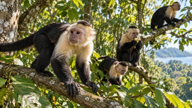 Group of white-faced capuchin monkeys perched on tree branches in a lush tropical rainforest