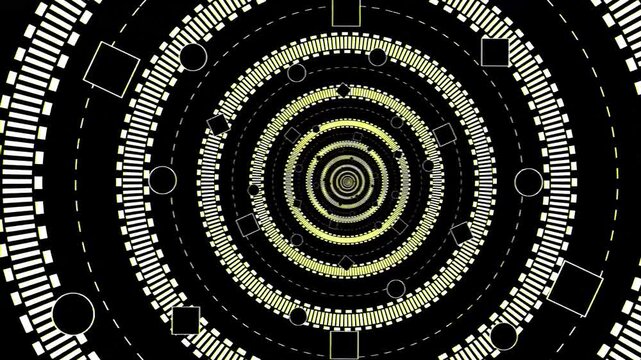 Mesmerizing Blue and Green Glowing Concentric Circles, Expanding Inward in a Dark Futuristic Tunnel Creating a Pulsing Digital Sound Wave Effect, and Seamless Endless Optical Flight Animation. 4k