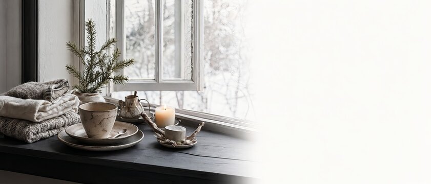 Cozy Scandinavian Hygge Window Scene with Ceramic Tableware and Wool Blankets for Winter Holiday