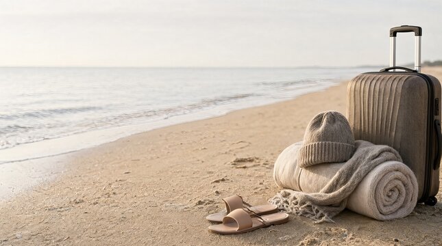 Minimalist winter coastal travel vacation accessories on sand with a luggage suitcase and a blanket.