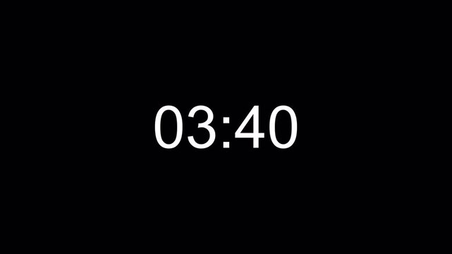 4 minute Countdown Digital Timer Animation, four minute Countdown Timer Animation from 4 minute to 0 second on black background.