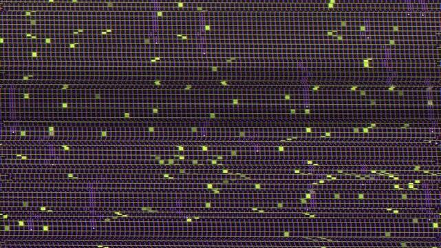 Abstract digital grid with flickering green pixels and vertical blue lines glitch motion background