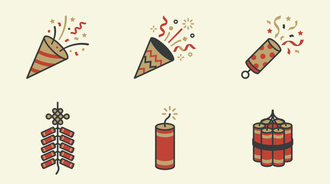 Set of festive party crackers and traditional firecrackers exploding with colorful confetti against a neutral background for celebration and holiday decorations