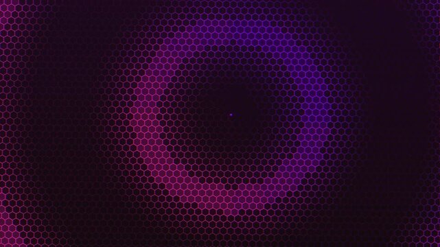 Abstract purple hexagon pattern pulses with light motion in dark background