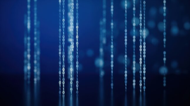 Binary code streams cascading on a deep blue digital backdrop, suggesting data, logic, and cyber technology.
