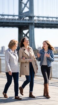 Vertical photo of three generations of women walking together outdoors. Happy grandmother, mother, and teenage daughter laughing by the waterfront bridge