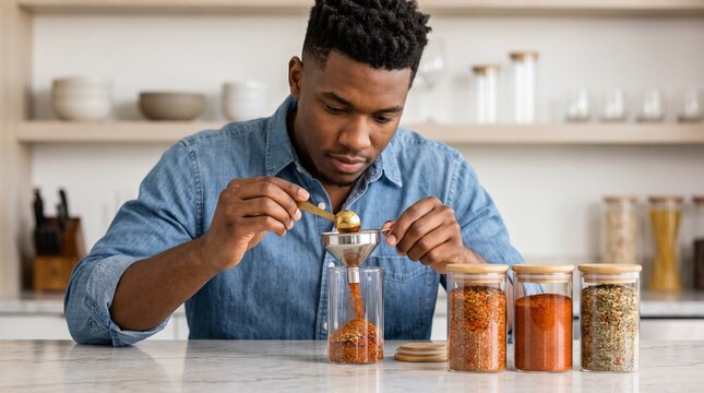 Young Black man pouring spices into a glass jar with a funnel. Focused African American male organizing homemade seasonings in a modern kitchen. Culinary hobby and meal prep concept