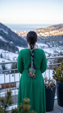 Woman with braided hair wearing handcrafted crochet parandi. Vertical photo of female in green dress on mountain balcony in winter