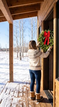 Woman hanging a Christmas wreath on a wooden cabin door. Vertical photo of a female decorating a rustic cottage porch in winter. Festive holiday home exterior