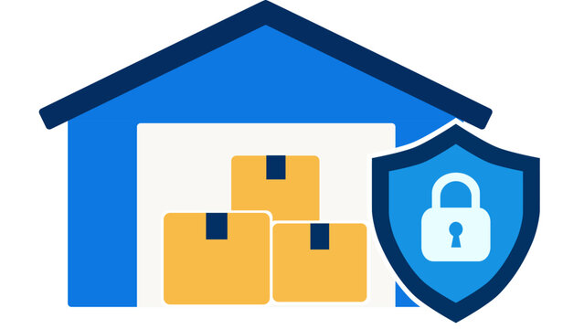 Secure Warehouse. Package Storage Protection. Shield and Lock Security Concept. Flat Design