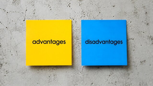 Yellow sticky note labeled advantages beside a blue note labeled disadvantages on a textured concrete background, illustrating balanced comparison, decision analysis and pros and cons evaluation