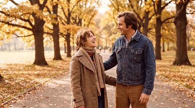 Happy Caucasian couple laughing in an autumn park. Man and woman wearing vintage clothing standing on a path covered with fall leaves. Romantic relationship and togetherness concept