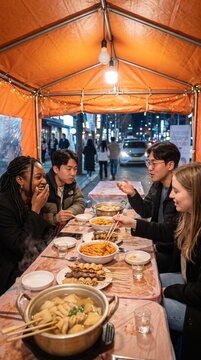 Vertical photo of a diverse group of friends eating Korean street food in an orange pojangmacha tent at night. Foreign tourists and locals enjoying tteokbokki and skewers in Seoul