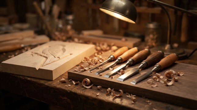 Wood carving chisels with fresh shavings and honed edges on a workbench under a task lamp, ready for the next cut.