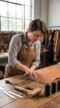 Female artisan cutting brown leather with utility knife in workshop. Vertical photo of craftswoman working with hand tools on wooden workbench