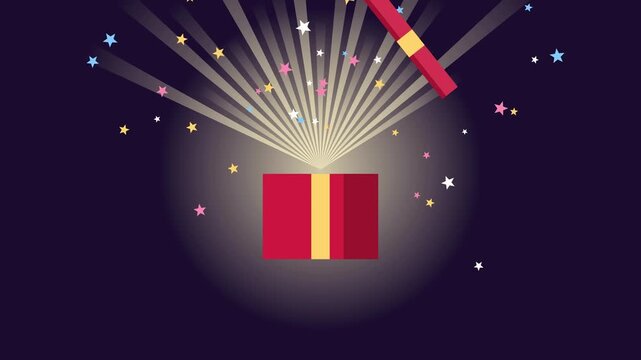 Red gift box with yellow bow pops open. Light rays and star confetti burst upward from glowing interior against dark purple background, concept of surprise, birthday celebration and holiday present.