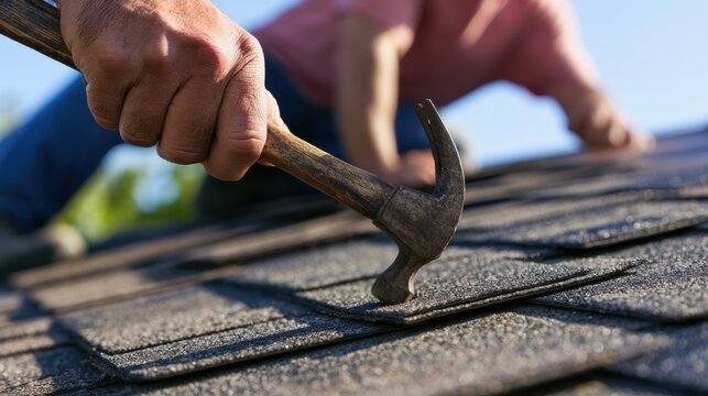 Roofer uses a hammer to secure shingles on a roof during daytime
