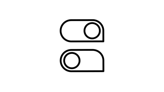 Minimalist black and white vector animation of a mechanical toggle switch moving between two positions. Represents electrical power, activation, control systems, switching, and operational status. Sui