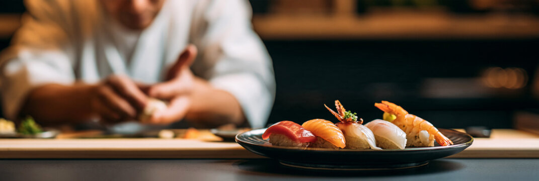 premium japanese sushi dining with an expert chef, cinematic sushi restaurant banner with authentic nigiri, luxury edomae sushi craftsmanship in a traditional japanese setting