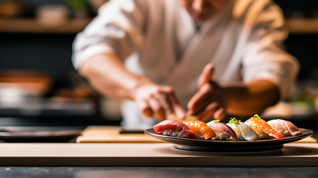 premium japanese sushi dining with an expert chef, cinematic sushi restaurant banner with authentic nigiri, luxury edomae sushi craftsmanship in a traditional japanese setting
