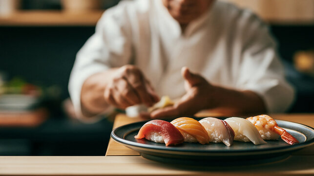 premium japanese sushi dining with an expert chef, cinematic sushi restaurant banner with authentic nigiri, luxury edomae sushi craftsmanship in a traditional japanese setting