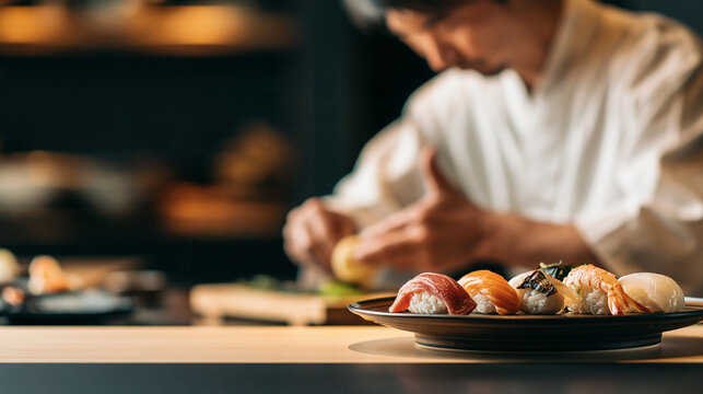 premium japanese sushi dining with an expert chef, cinematic sushi restaurant banner with authentic nigiri, luxury edomae sushi craftsmanship in a traditional japanese setting