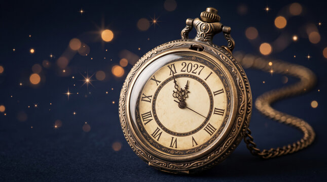 Close-up of an antique pocket watch showing the year 2027, with bokeh lights, symbolizing time, New Year, and anticipation for the future.