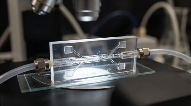 Microfluidic chip channel carrying silver nanoparticles and dna solution with capillary tubing and liquid droplets in a transparent polymer lab device.