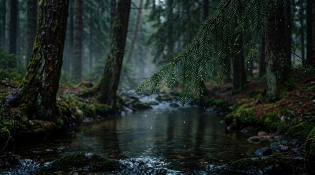 Wet pine forest by a creek after rain, with dripping needles, dark bark and soft damp air in a quiet woodland setting.