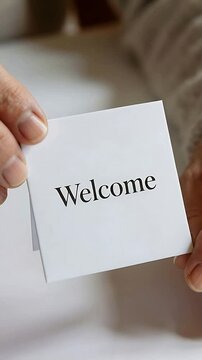 Vertical video: Picking hands lifting Welcome card on table, tilting, showing backing and text