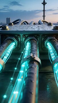 Vertical video: Pulsing light activating junction box ports and clamped cable on roof sending data