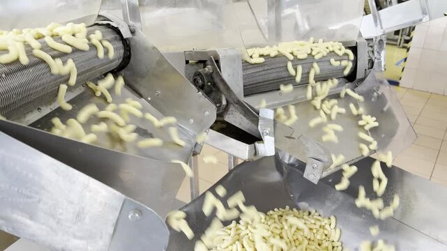Puffed snacks tumble from mesh conveyors down metal chutes into a collection hopper, illustrating automated food handling and snack manufacturing