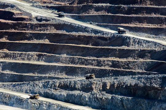 trucks in open-pit copper mine