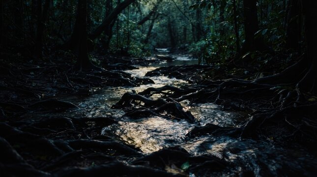 Jungle stream weaving over exposed roots in a tropical rainforest, with dark silhouettes and moving water through the undergrowth.