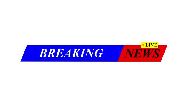 Live breaking news banner with blue and red ribbon on white background. Yellow live badge with bold dark typography. Professional broadcast lower third animation. TV journalism and media. 4k motion.