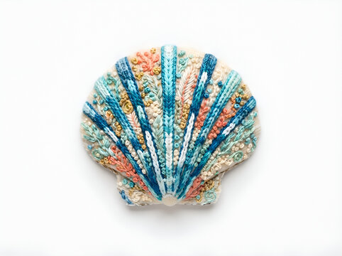 Colorful knitted seashell with blue, coral, and cream stripes arranged in a fan pattern