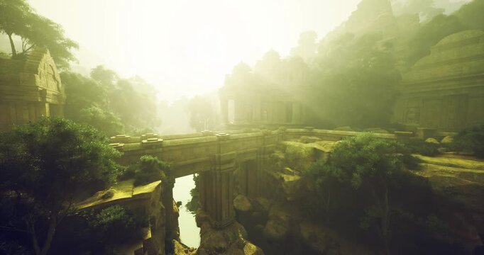 Ancient structure preservation, Eroded stone carvings adorn canyon temple by stream, Old carved stone temple stands beside tranquil river amid lush greenery