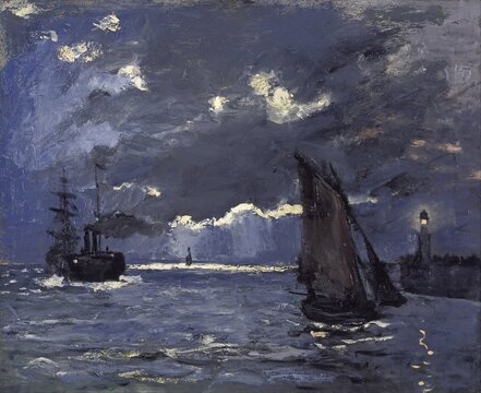Claude Monet (b. 14 November 1840 in Paris as Oscar-Claude Monet, d. 5 December 1926) important French painter, Impressionist style. Here is his work, A Seascape, Shipping by Moonlight (1864), A Seascape, Shipping by Moonlight (1864), Dark seascape at night with ships and dramatic clouds, illuminated by a lighthouse
